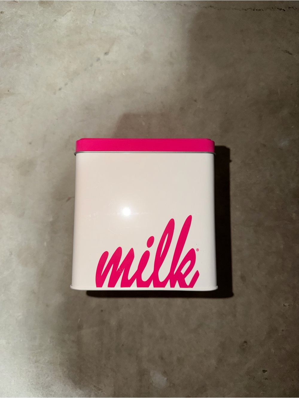 VINTAGE Milk “Makeup” White Tin with Bright Pink Logo and Lid